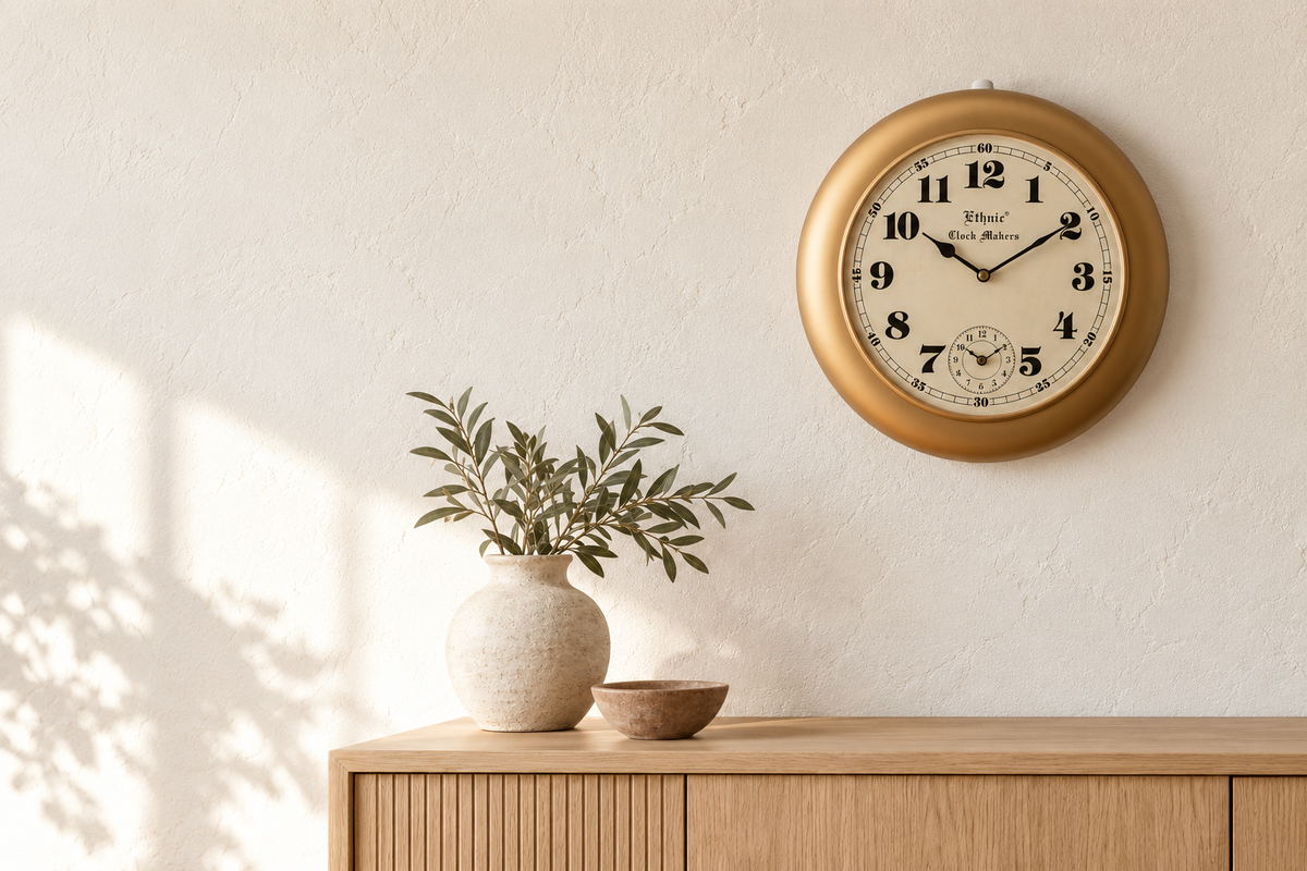 Handcrafted wall clock styled in a warm, natural home